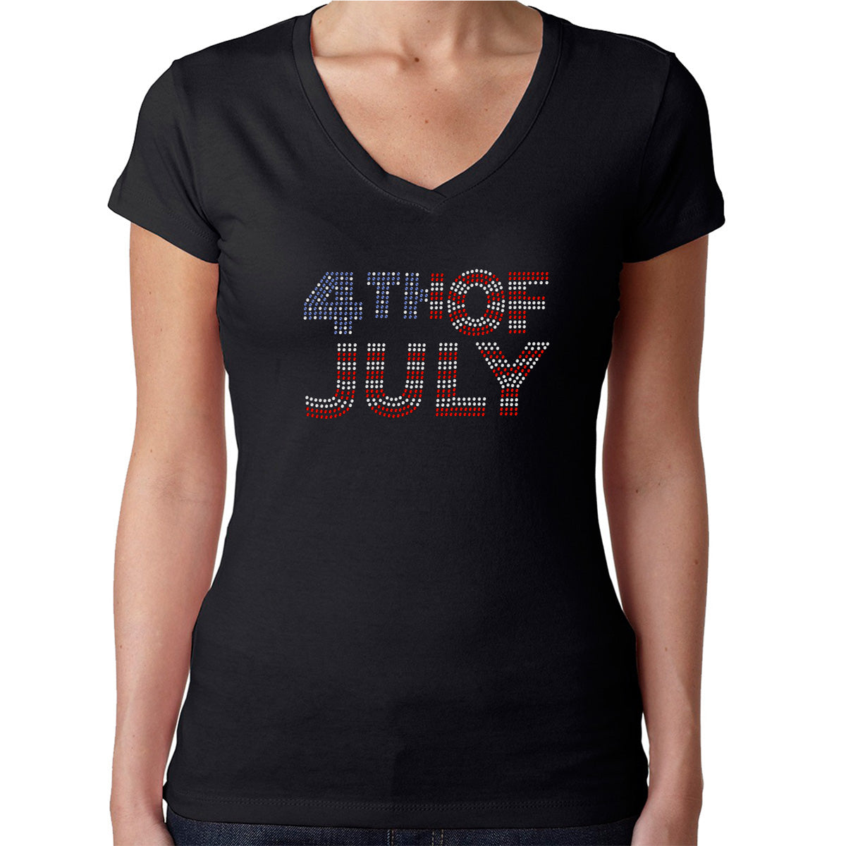 Womens T-Shirt Rhinestone Bling Black Fitted Tee 4th of July Flag Red White Blue
