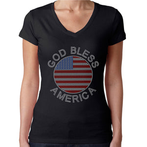 Womens T-Shirt Rhinestone Bling Black Fitted Tee 4th of July God Bless America