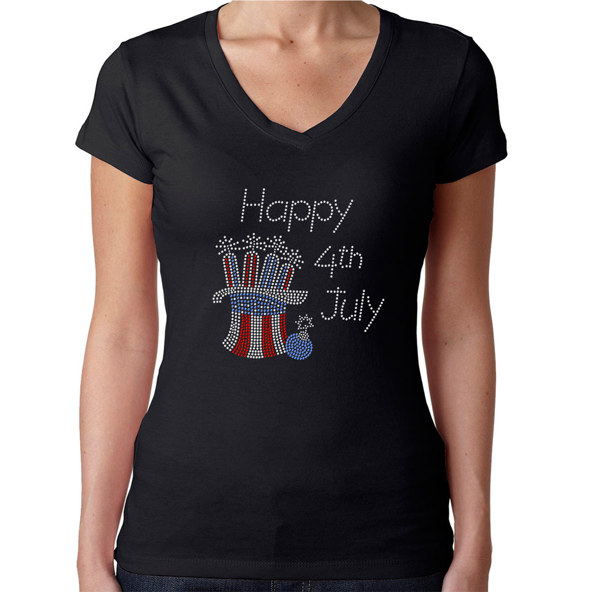 Womens T-Shirt Rhinestone Bling Black Fitted Tee Happy 4th of July Fireworks