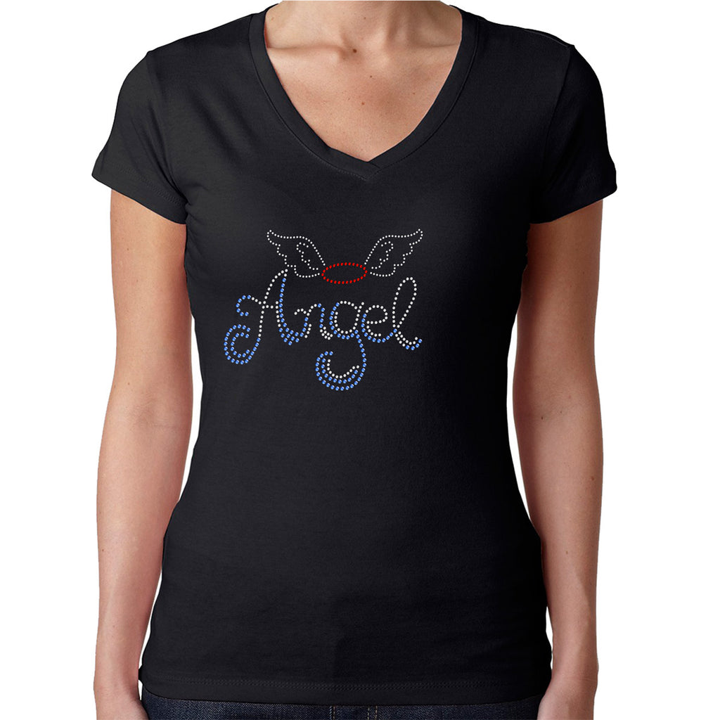 Womens T-Shirt Rhinestone Bling Black Fitted Tee Angel Wings Halo