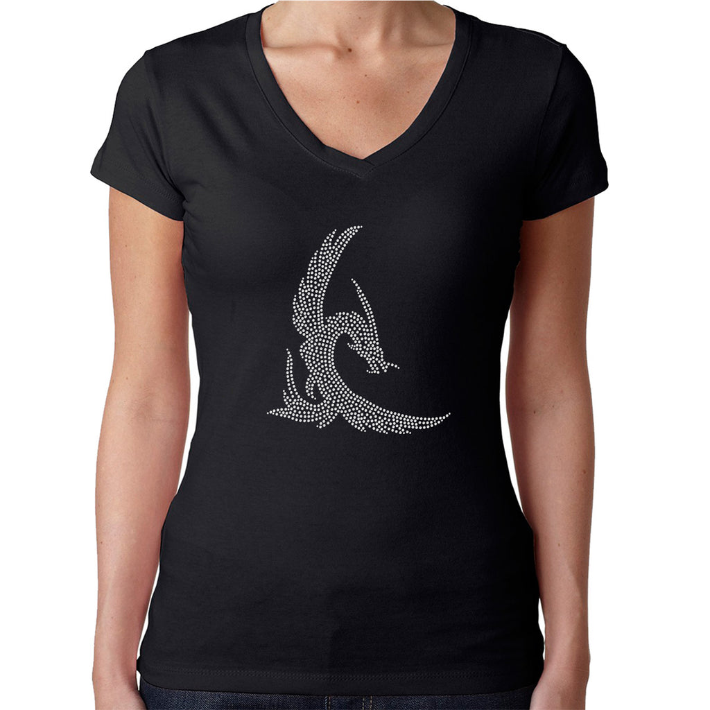 Womens T-Shirt Rhinestone Bling Black Fitted Tee Flying Dragon White Sparkle