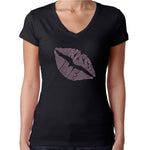 Womens T-Shirt Rhinestone Bling Black Fitted Tee Kiss Me Lips Shape Love Pink