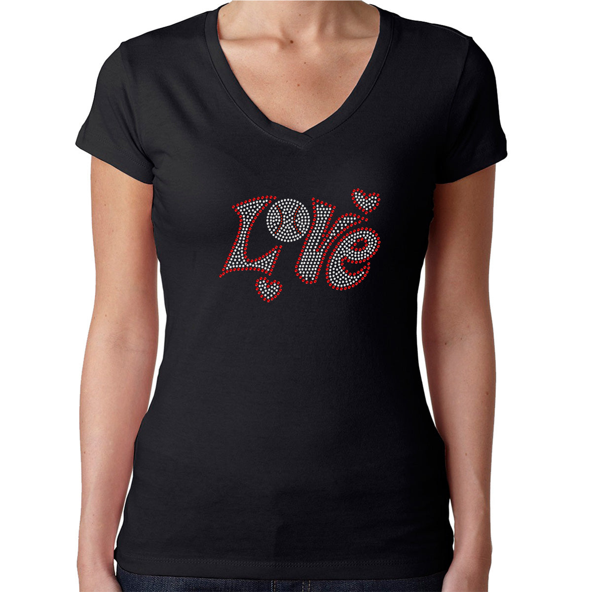Womens T-Shirt Rhinestone Bling Black Fitted Tee Love Baseball Ball Sparkle