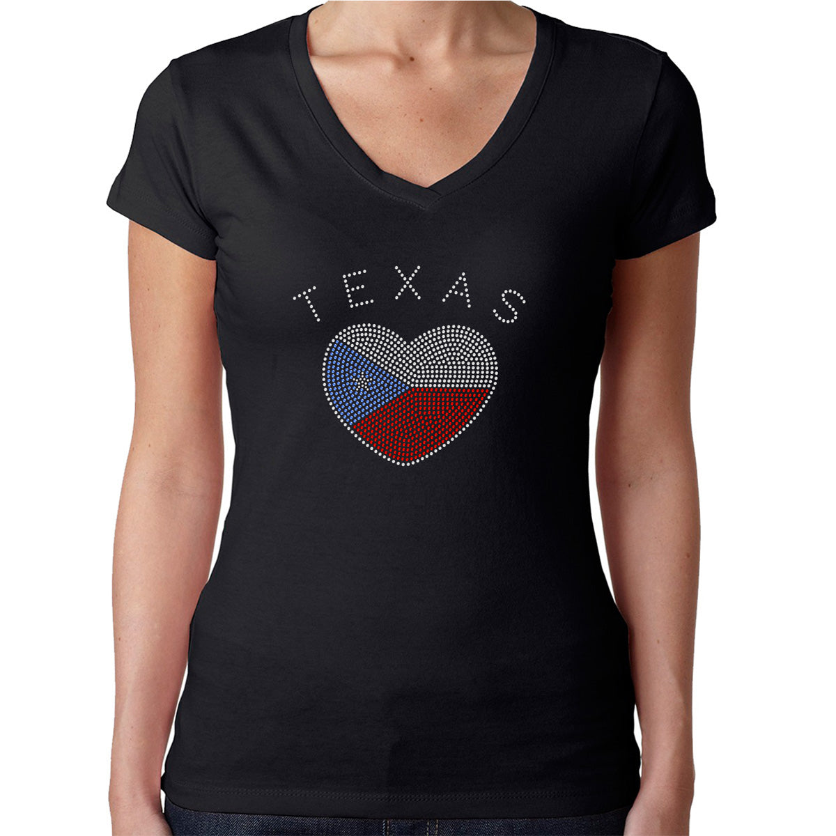 Womens T-Shirt Rhinestone Bling Black Fitted Tee Texas Flag Love Heart