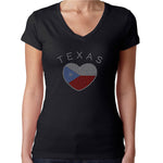 Womens T-Shirt Rhinestone Bling Black Fitted Tee Texas Flag Love Heart