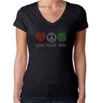 Womens T-Shirt Rhinestone Bling Black Fitted Tee Love Peace Irish Heart