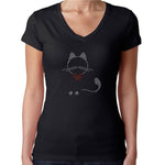 Womens T-Shirt Rhinestone Bling Black Fitted Tee Cat Outline Red Bow Kitty