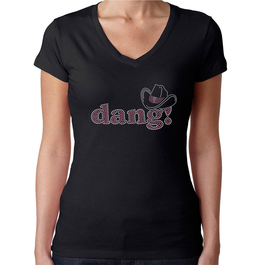 Womens T-Shirt Rhinestone Bling Black Fitted Tee Dang Cowgirl Hat South