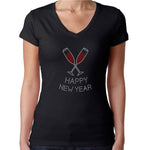 Womens T-Shirt Rhinestone Bling Black Fitted Tee Happy New Year Cheers Glasses