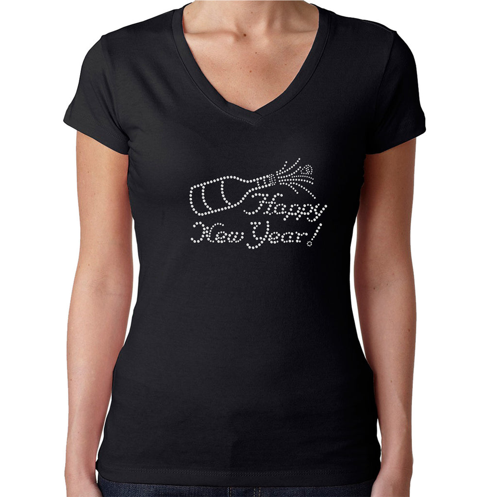 Womens T-Shirt Rhinestone Bling Black Fitted Tee Happy New Year Popping Bottle