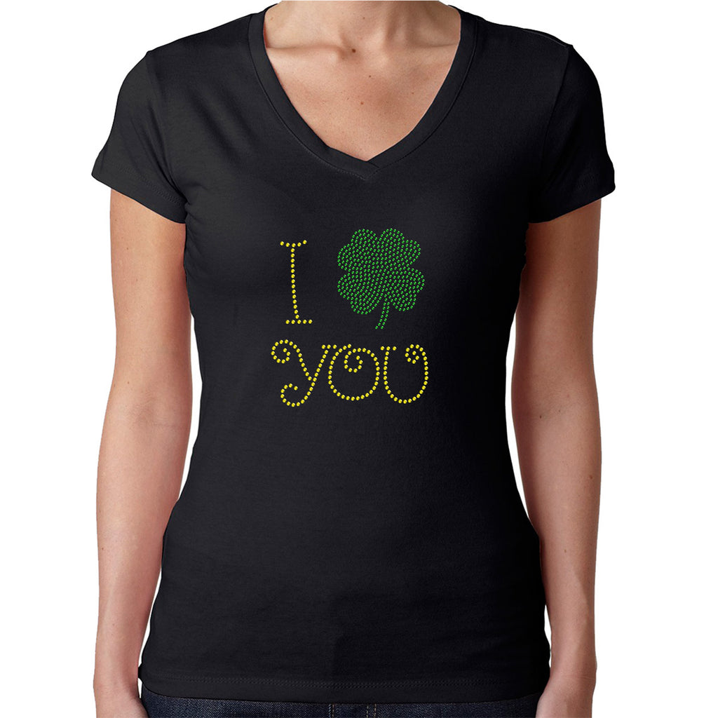 Womens T-Shirt Rhinestone Bling Black Fitted Tee I Irish You Shamrock Love
