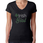 Womens T-Shirt Rhinestone Bling Black Fitted Tee Irish Girl Shamrock St. Patrick