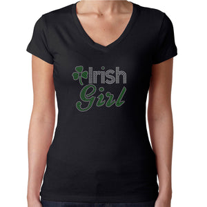 Womens T-Shirt Rhinestone Bling Black Fitted Tee Irish Girl Shamrock St. Patrick