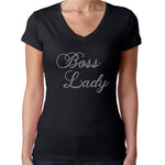 Womens T-Shirt Rhinestone Bling Black Fitted Tee Boss Lady Sparkle Crystal White