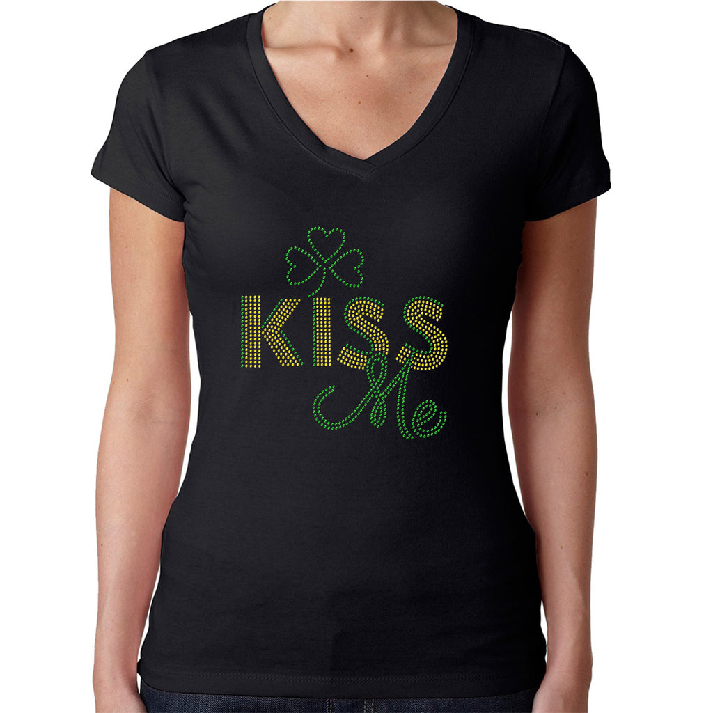 Womens T-Shirt Rhinestone Bling Black Fitted Tee Kiss Me Ireland I'm Irish