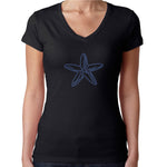 Womens T-Shirt Rhinestone Bling Black Fitted Tee Blue Star Fish Ocean