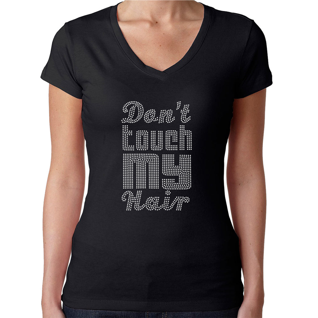Womens T-Shirt Rhinestone Bling Black Fitted Tee Don't Touch My Hair Disco Style