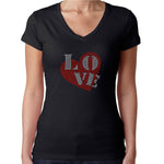 Womens T-Shirt Rhinestone Bling Black Tee Love Heart Red Valentine