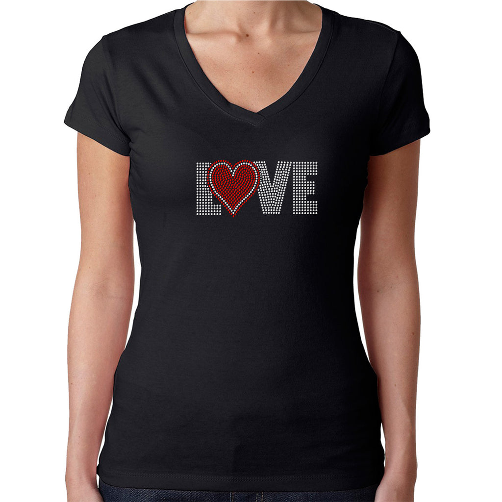 Womens T-Shirt Rhinestone Bling Black Fitted Tee Love Red Heart Sparkle