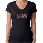 Womens T-Shirt Rhinestone Bling Black Fitted Tee Love Red Heart Sparkle
