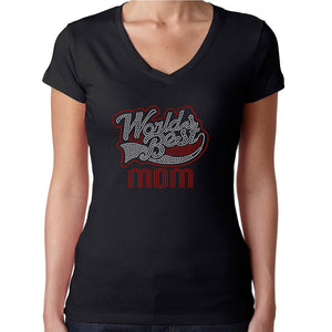 Womens T-Shirt Rhinestone Bling Black Fitted Tee World's Best Mom Red Sparkle