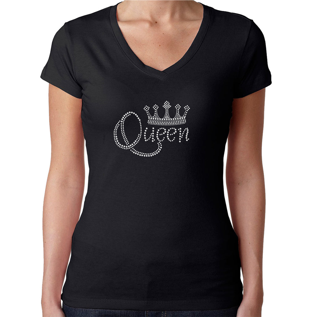 Womens T-Shirt Rhinestone Bling Black Fitted Tee Queen Crown Sparkle White