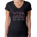 Womens T-Shirt Rhinestone Bling Black Fitted Tee Las Vegas Dice Pink
