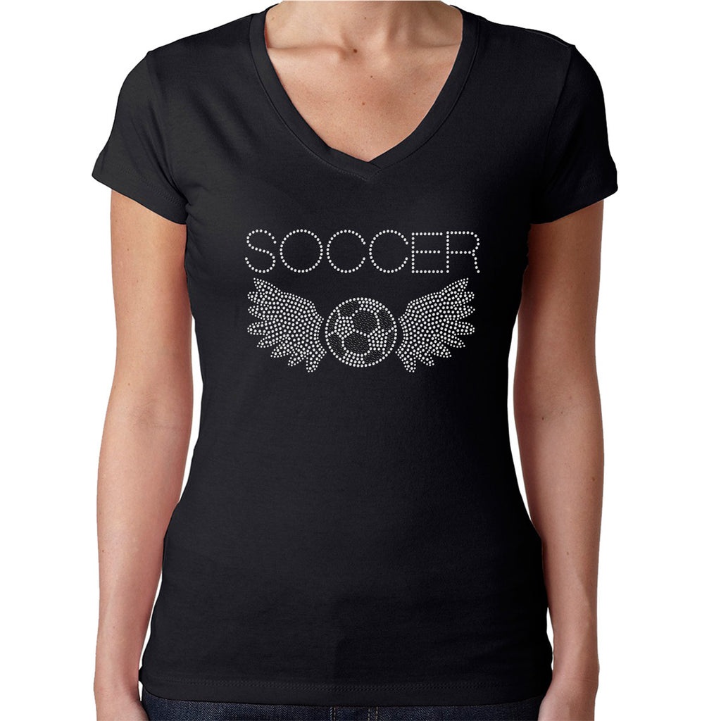 Womens T-Shirt Rhinestone Bling Black Fitted Tee Soccer Angel Wings