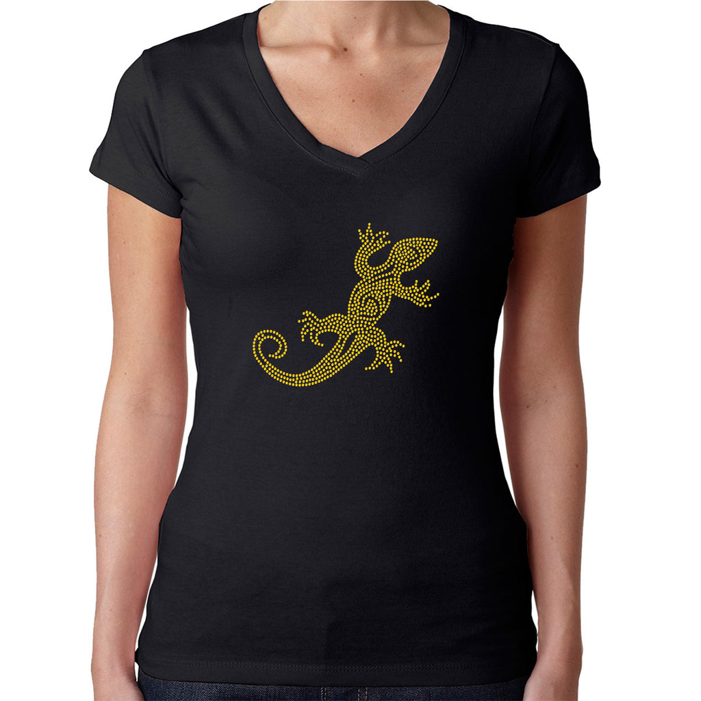 Womens T-Shirt Rhinestone Bling Black Fitted Tee Yellow Lizard