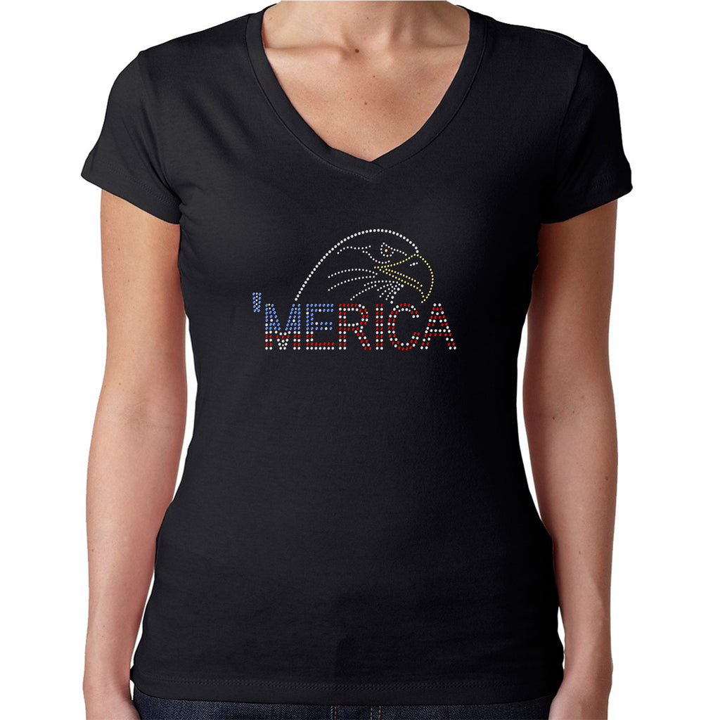 Womens T-Shirt Rhinestone Bling Black Fitted Tee America Bald Eagle Flag