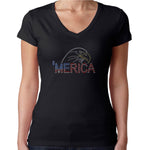 Womens T-Shirt Rhinestone Bling Black Fitted Tee America Bald Eagle Flag