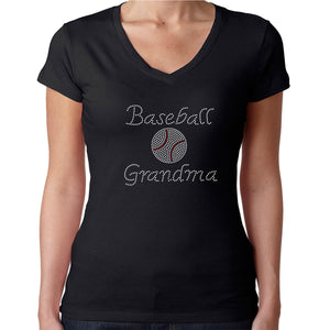 Womens T-Shirt Rhinestone Bling Black Fitted Tee Baseball Grandma Ball Sparkle