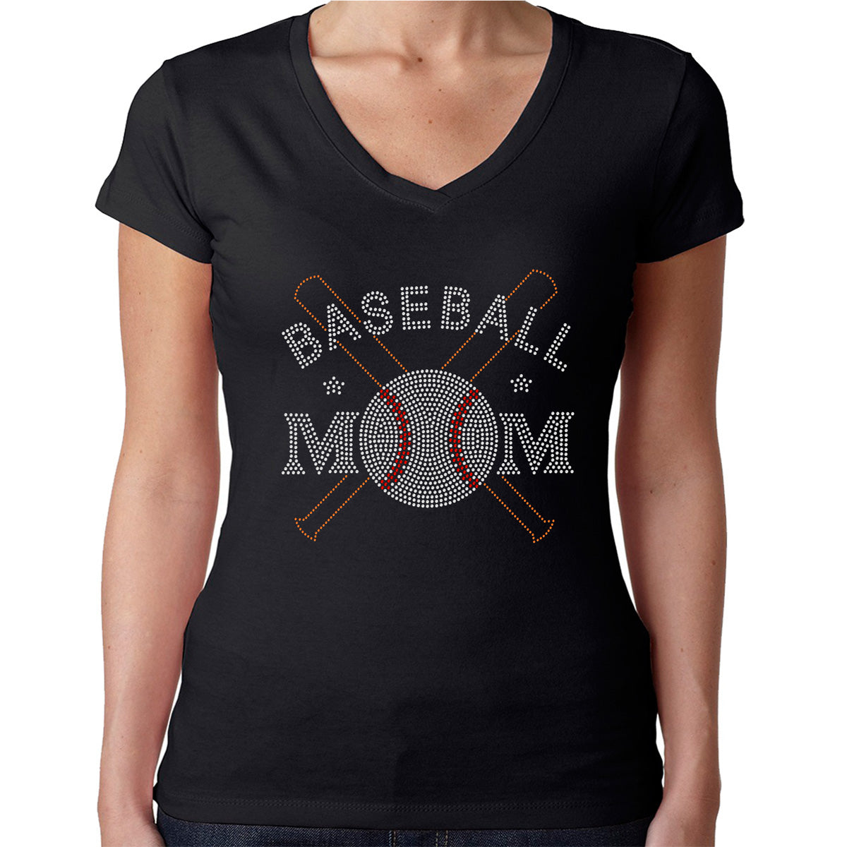 Womens T-Shirt Rhinestone Bling Black Fitted Tee Baseball Mom Bats Ball