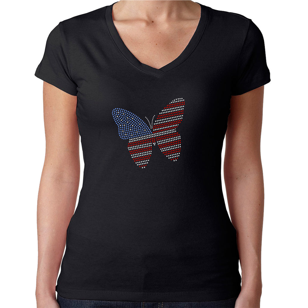 Womens T-Shirt Rhinestone Bling Black Fitted Tee USA Flag Butterfly Sparkle