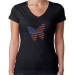 Womens T-Shirt Rhinestone Bling Black Fitted Tee USA Flag Butterfly Sparkle
