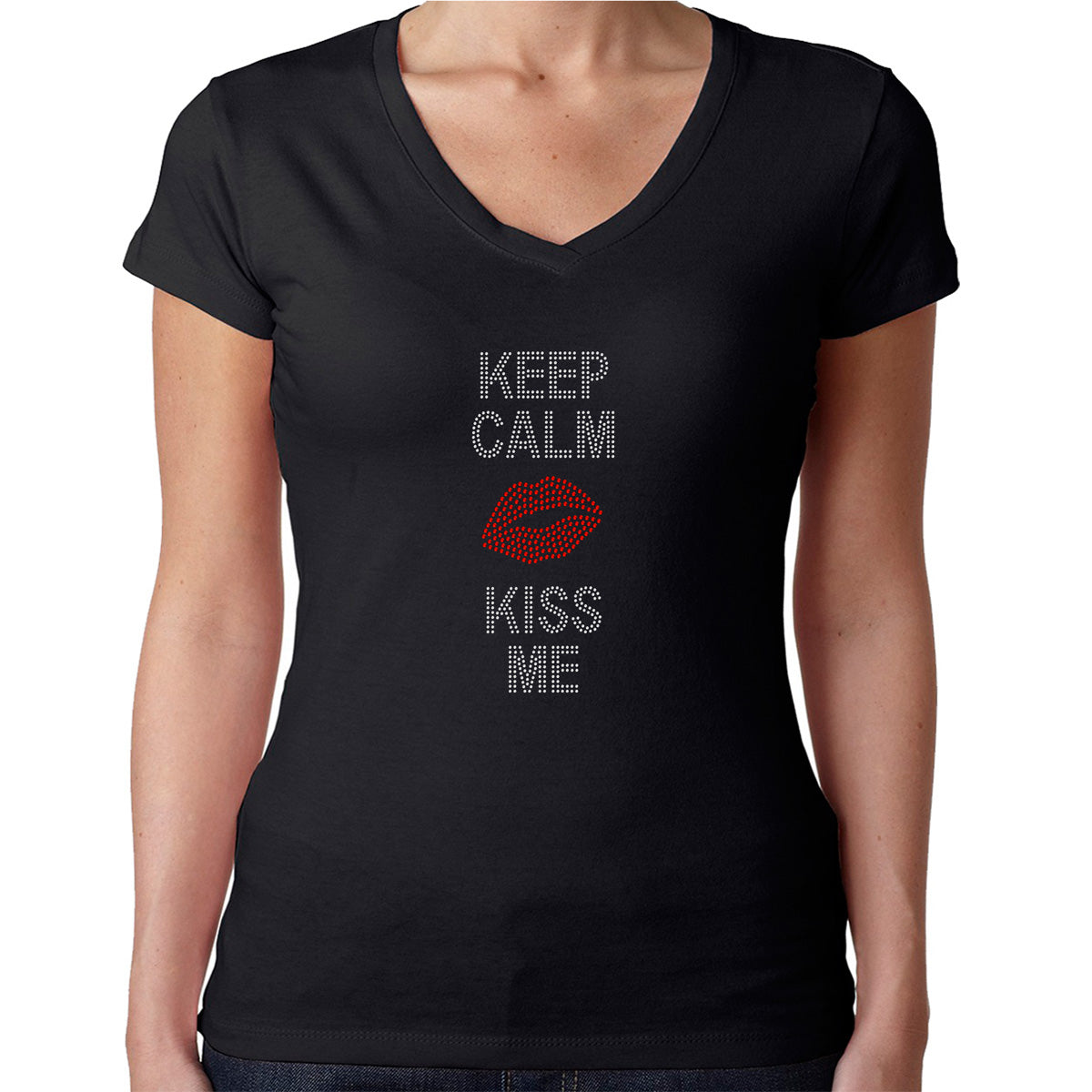 Womens T-Shirt Rhinestone Bling Black Fitted Tee Keep Calm Kiss Me Red Lips