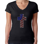 Womens T-Shirt Rhinestone Bling Black Fitted Tee American Flag Colors Cross
