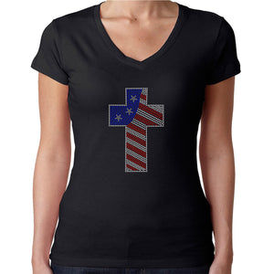 Womens T-Shirt Rhinestone Bling Black Fitted Tee American Flag Colors Cross