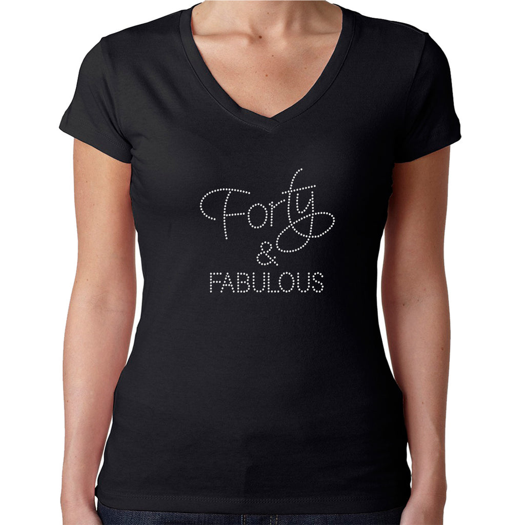 Womens T-Shirt Rhinestone Bling Black Fitted Tee Forty & Fabulous White Sparkle