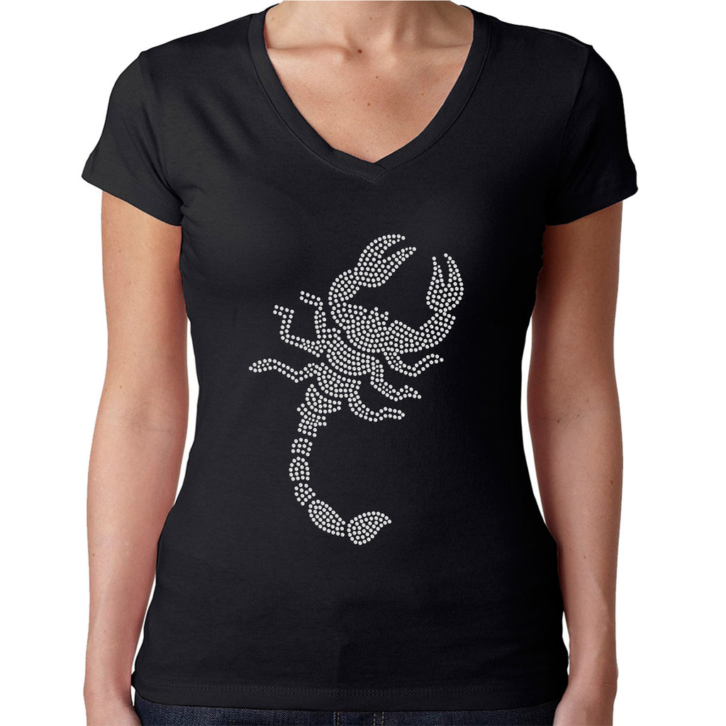 Womens T-Shirt Rhinestone Bling Black Fitted Tee Scorpion White Sparkle