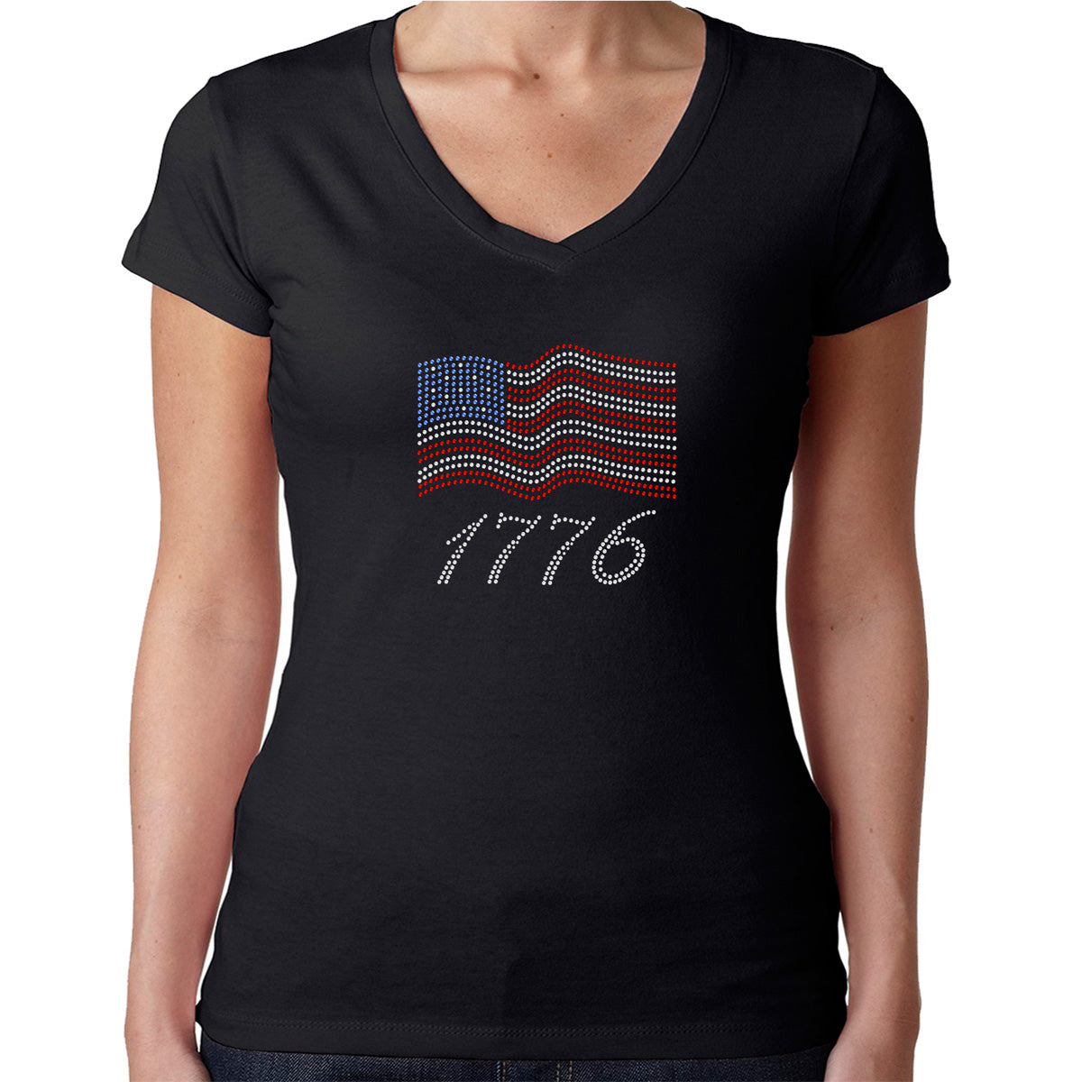 Womens T-Shirt Rhinestone Bling Black Fitted Tee USA Flag 4th of July 1776
