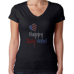 Womens T-Shirt Rhinestone Bling Black Fitted Tee Happy 4th of July Balloon Heart