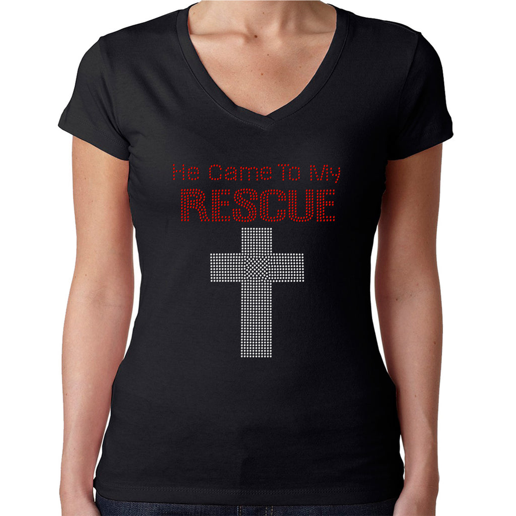 Womens T-Shirt Rhinestone Bling Black Fitted Tee He Came to my Rescue Jesus God