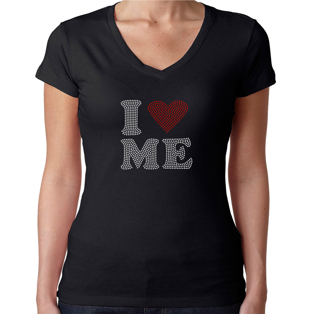 Womens T-Shirt Rhinestone Bling Black Fitted Tee I Love Me Red Heart Sparkle