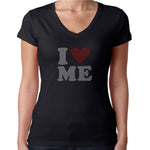 Womens T-Shirt Rhinestone Bling Black Fitted Tee I Love Me Red Heart Sparkle