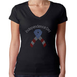 Womens T-Shirt Rhinestone Bling Black Fitted Tee Independence Day Ribbon Flag