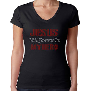 Womens T-Shirt Rhinestone Bling Black Tee Jesus Will forever be My Hero