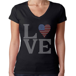 Womens T-Shirt Rhinestone Bling Black Fitted Tee LOVE USA Flag 4th of July