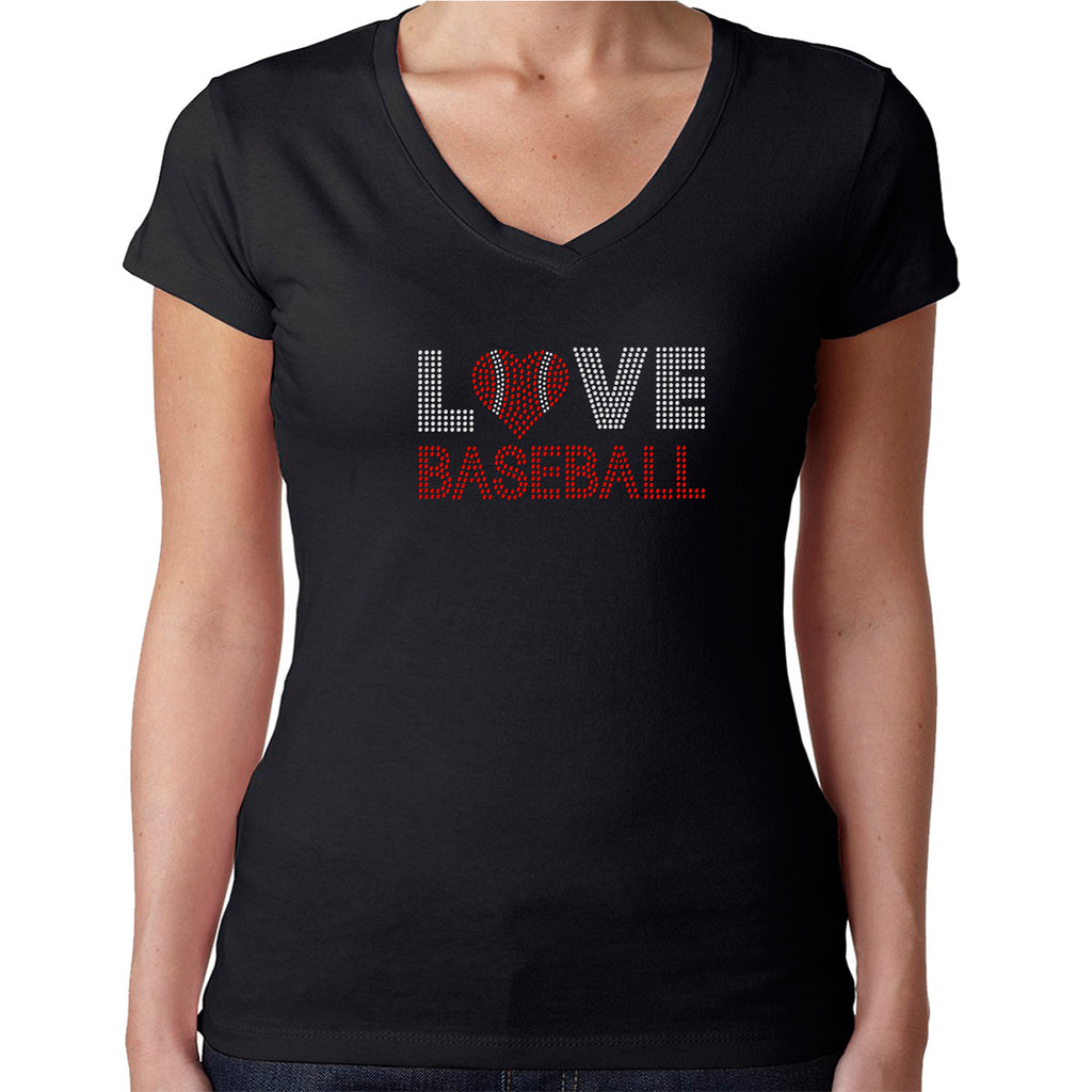 Womens T-Shirt Rhinestone Bling Black Fitted Tee Love Baseball Red Heart Ball