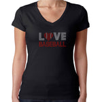 Womens T-Shirt Rhinestone Bling Black Fitted Tee Love Baseball Red Heart Ball